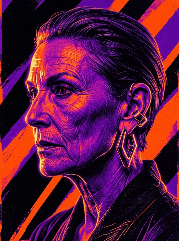 A high-contrast duotone profile portrait of an older woman with sharp angular features, rendered in deep violet, neon orange, and stark black. Intense side lighting casts glowing orange accents on her prominent brow, jawline, and oversized geometric metallic ear cuffs. Shadowed portions of her face blend into rich purple, highlighting heavily textured skin and slicked-back cropped hair. Bold diagonal stripes of solid black and vibrant purple form a dynamic, graphic background, anchoring the stylized poster aesthetic.