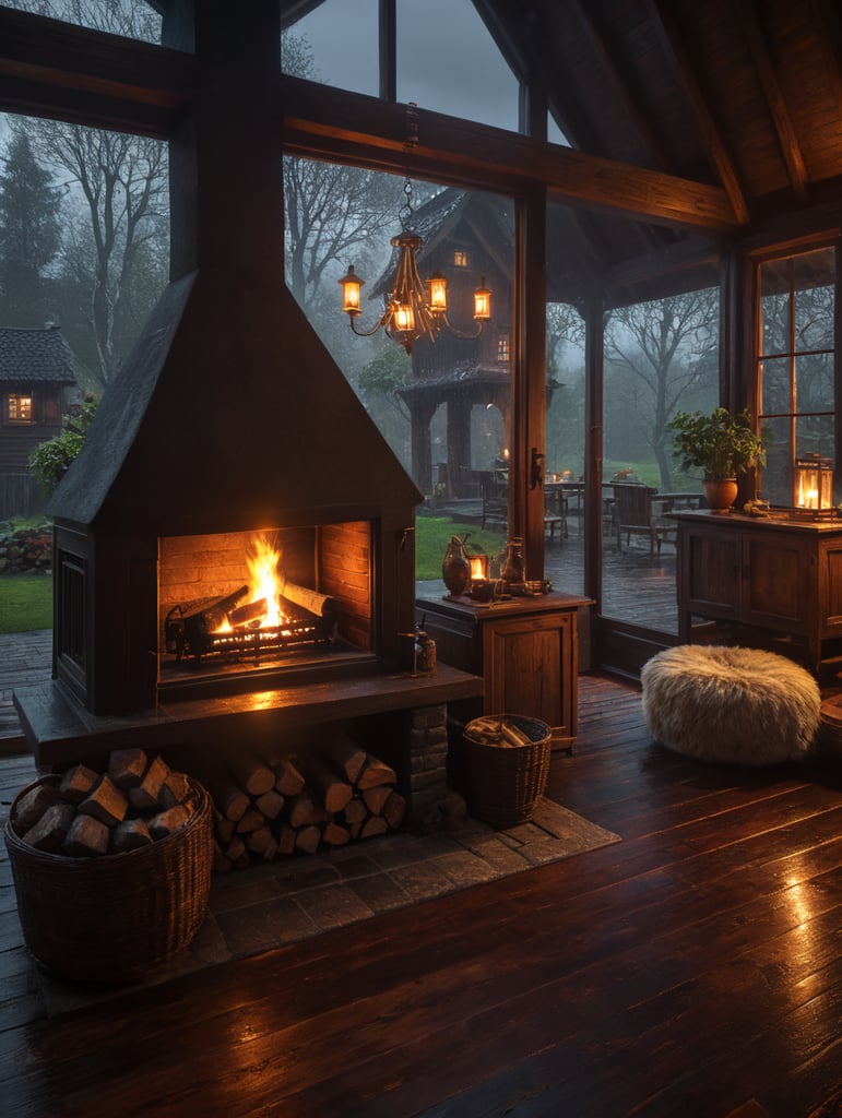 warm cozy nice decor wood house, raining outside window, fireplace inside