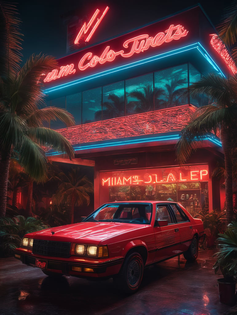 1980's, Miami, neon lights, palm trees, red solo cup