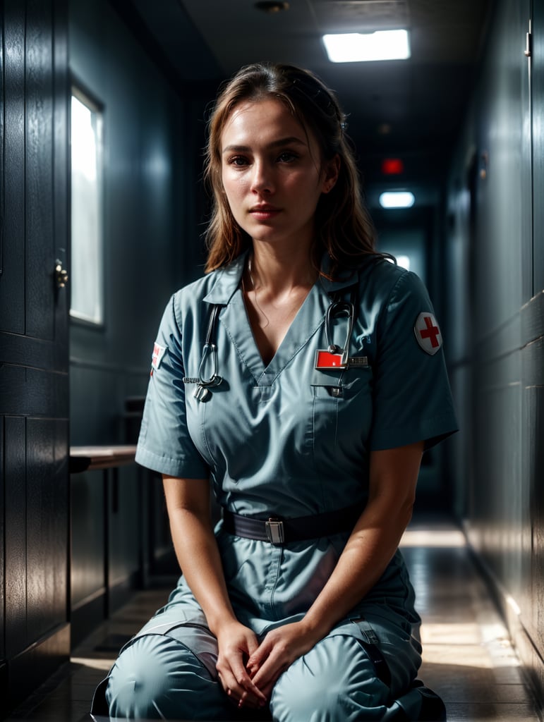 Portrait of a female working nurse, sitting on the floor in the hallway, sad face, sad colors and atmosphere, the light from the window illuminates her face, low angle photo