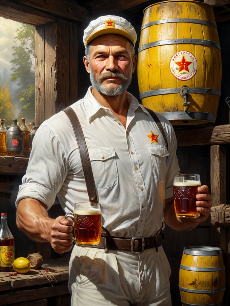 A Soviet man in a white shirt and cap holds a mug of kvass in his hands, a Soviet yellow barrel of kvass can be seen in the background