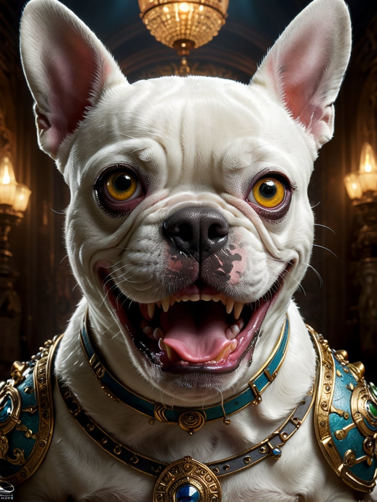 A Disney Pixar-inspired movie poster with title "Theodora". In the image a white french bulldog with a black rigth eye and nose, with black eyes and a smiling face. The scene should be in the distinct digital art style of Pixar, with a focus on character expressions, vibrant colors, and detailed textures that are characteristic of th animations, with the title "Argos"