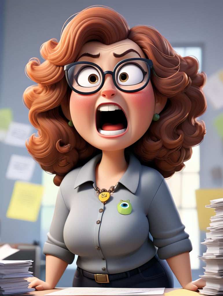 female co-worker who solves everything, funny drawing, curvy body in comic book style, with brown curly hair, glasses, desperate expression pile of work papers, older age, thin silver necklace, kingblue shirt, curvy face