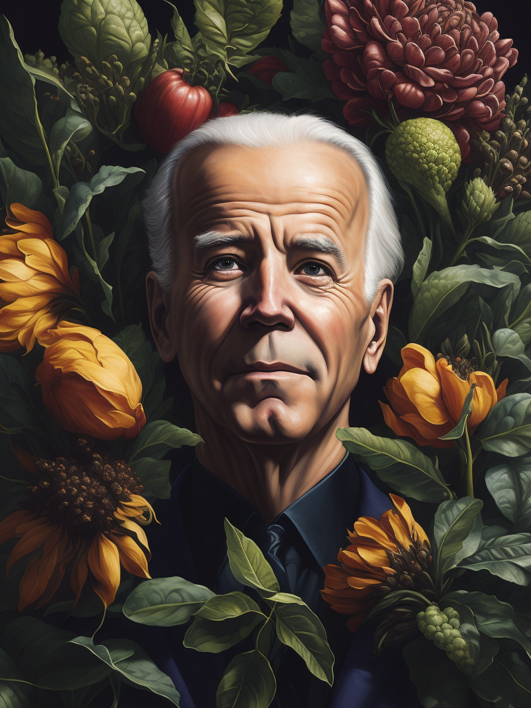 a painting of Joe Biden head surrounded by flowers and fruit, Painting, Oil, Still Life, Botanical, Italy, style of Giuseppe Arcimboldo