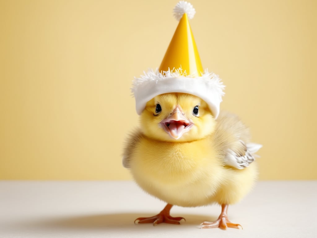 portrait of a Yellow Baby Chick Singing Happy Birthday, stands front camera with birthday cap, happy birthday image