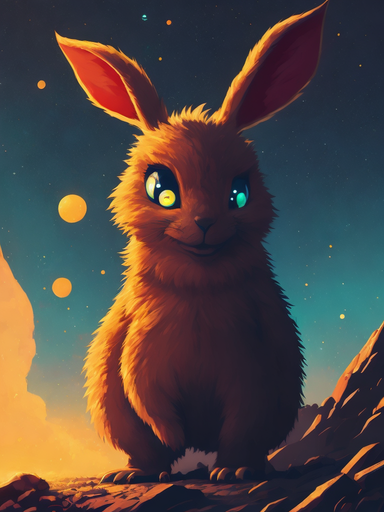 Photo of a rabit monster in the space, style of laurie greasley, studio ghibli, akira toriyama, james gilleard, genshin impact, trending pixiv fanbox, acrylic palette knife, 4k, vibrant colors, devinart, trending on artstation, low details