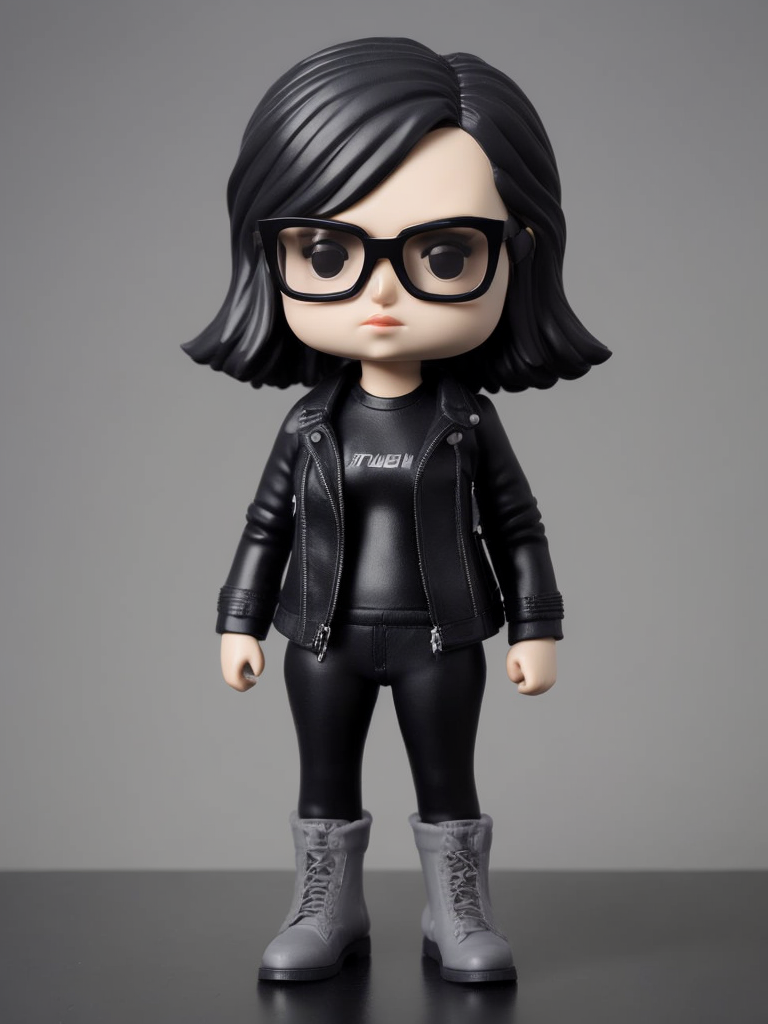Full body Plastic figurine of a brutal chick, black glasses, leather jacket, black boots, 3d octane render, funko pop,