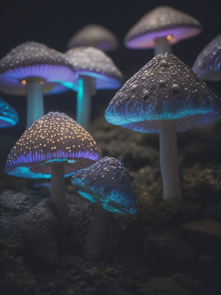 fluorescent mushrooms, psychedelic night, abstract, darkness