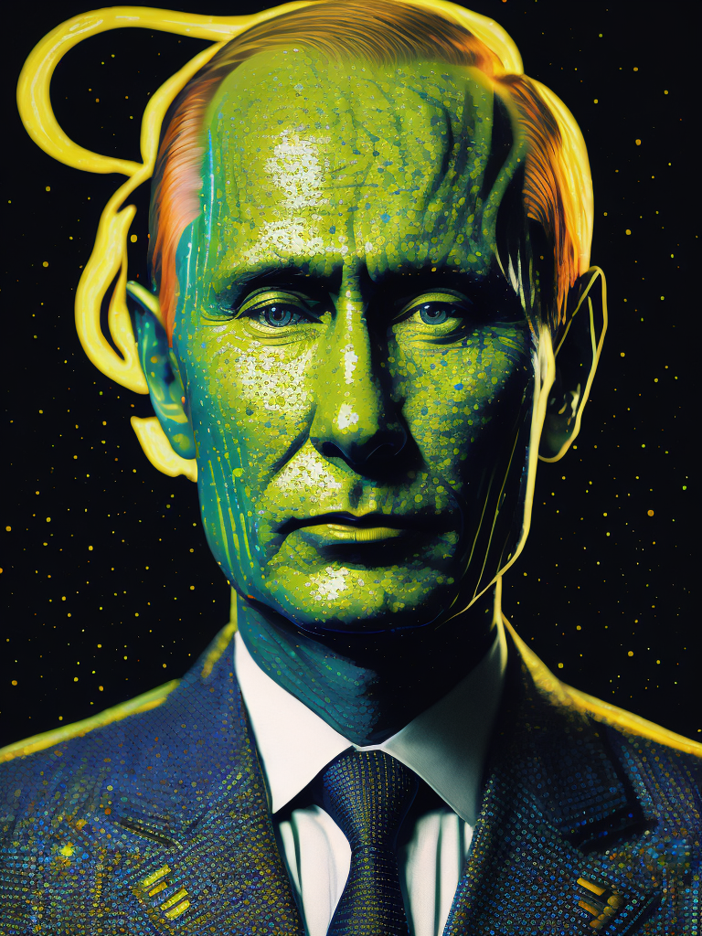 Fine Art Fluorescent Pointillism Sci-fi Surrealism Photography, Futuristic Vladimir Putin, Portrait made of hyper-detailed transparent frosted plastic, Moebius Bernard Buffet, van Gogh, Vermeer, Erin Hanson, Pierre Soulages, National Geographic, textured depth, vibrant fluorescent hyperrealism photo