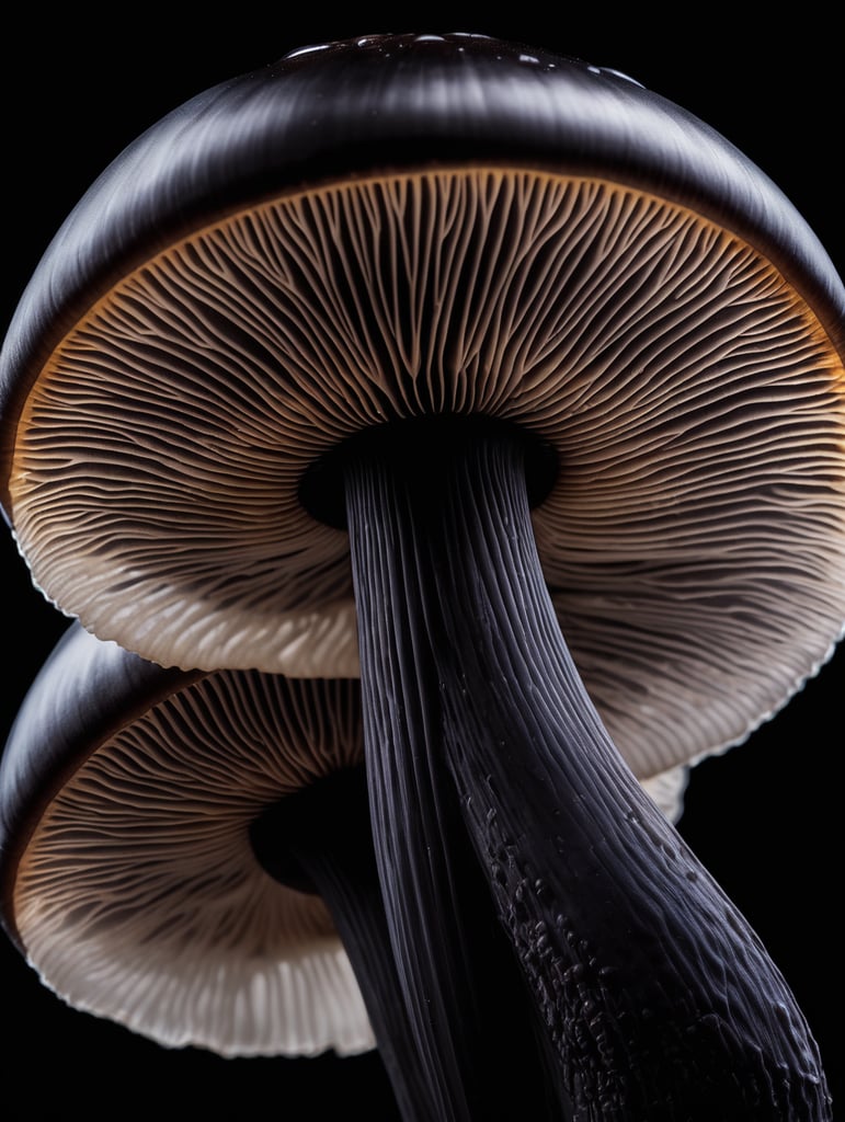 Macro photo of a black translucent alien mushroom, isolated, black background