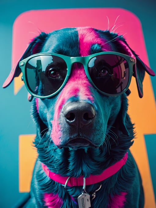 portrait of a blue dog, wearing green sunglasses, pink background, bright colors