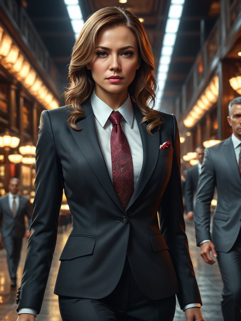 Businesswoman in suit and tie.