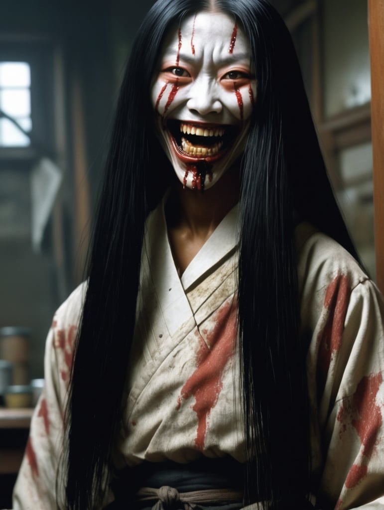 Kuchisake-onna smiling with Slit-Mouthed and razor sharp teeth Rotting flesh ,hored of flesh horror, ironic, creepy, scary caricature, satire, hyperdetailed illustration by Brian Bolland and iconic, hyperdetailed, digital illustration by Derek Riggs, (iconic, hyperdetailed, haunting digital illustration by Zdzisław Beksiński and Peter Gric. ) and artist Vincent Locke