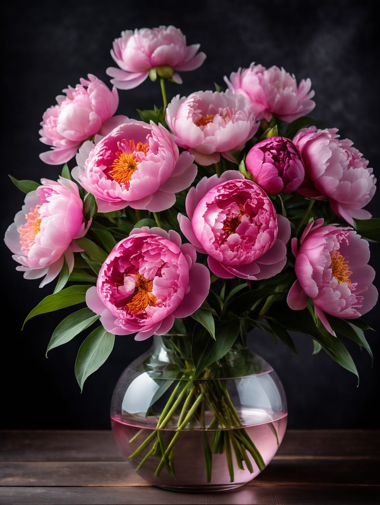 Round transparent glass vase with big bouquet of pink peonies, dark gradient background, sharp focus