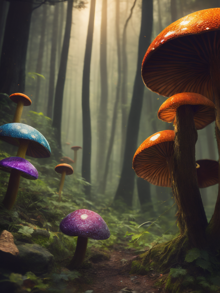42 mushrooms of various sorts growing under the trees of the fabulous dark mysterious forest. The caps of rainbow mushrooms are covered in glitter and glow from the inside in various acidic colors. Fantastic Poison Mushrooms grow at the foot of the tree. Fairytail style, photorealistic details and clear, sharp and colorful high-resolution picture.