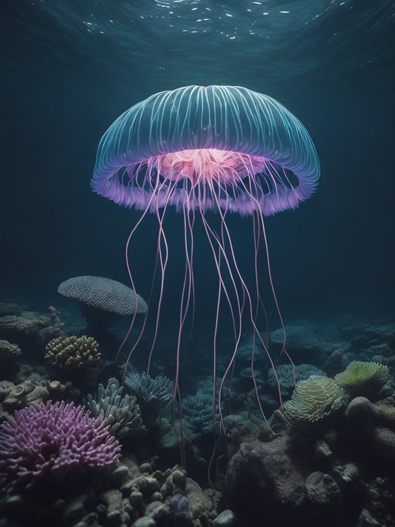 Neon jellyfish swimming in the sea against the background of corals and marine fauna, ultra realistic, super highly detailed,