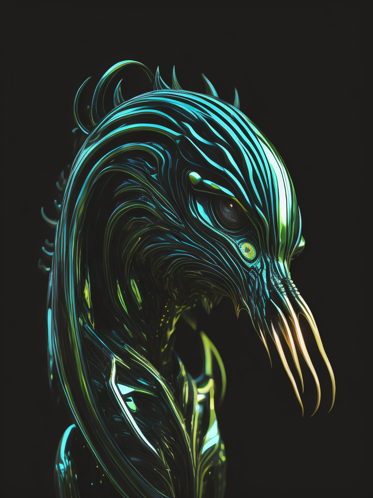 Abstract Hyperrealism Shiny Fluorescent Reflective Minimalism Creature, Hidden Xenomorph, Giger, Moebius, Soulages