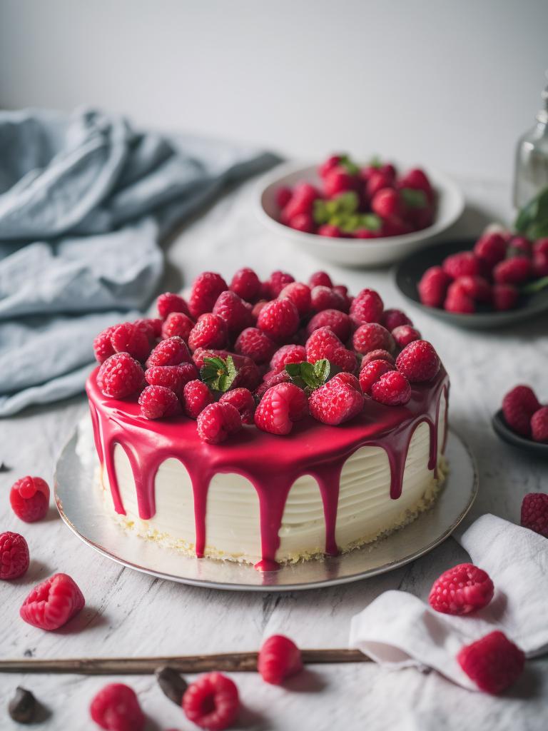 Cake with raspberries, provence atmosphere, dramatic Lighting, Depth of field, Incredibly high detailed