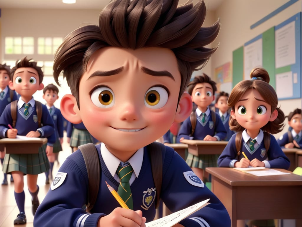 Disney pixar 3 Okul koridorunda bir erkek masanın başında bekliyor elinde notlar var saçları iyi yandan ayrılmış gözleri çekik yüzü çok güzel karşıdan bir kız geliyor saçı yukardan bağlı üstünde okul forması var bir an göz göze geliyorlar kızın heyecandan kalbi duracak gibi oluyor