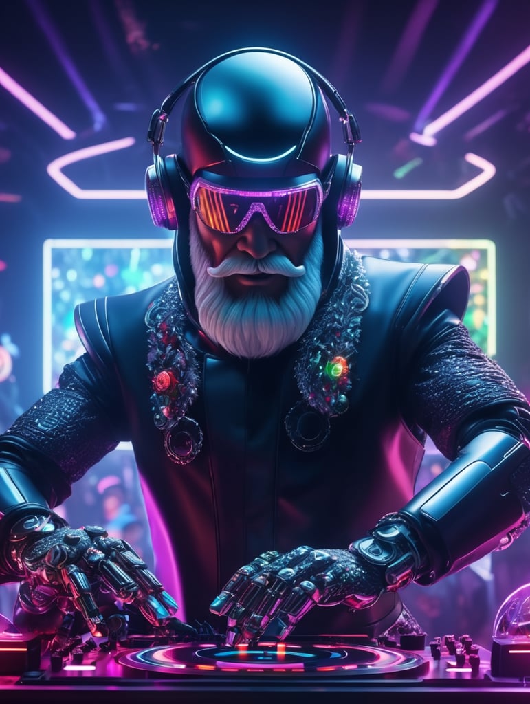 Dj terminator Santa Claus at a nightclub, party with Santa, Dj Santa, neon lightings, turn tables, robot hands and fingers