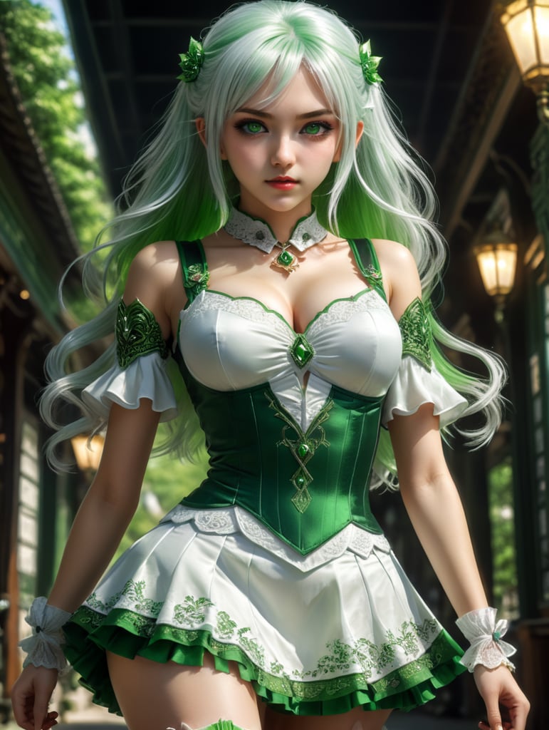 Green and white hair. Anime girl. Green and white dress. Miniskirt. Green eyes.