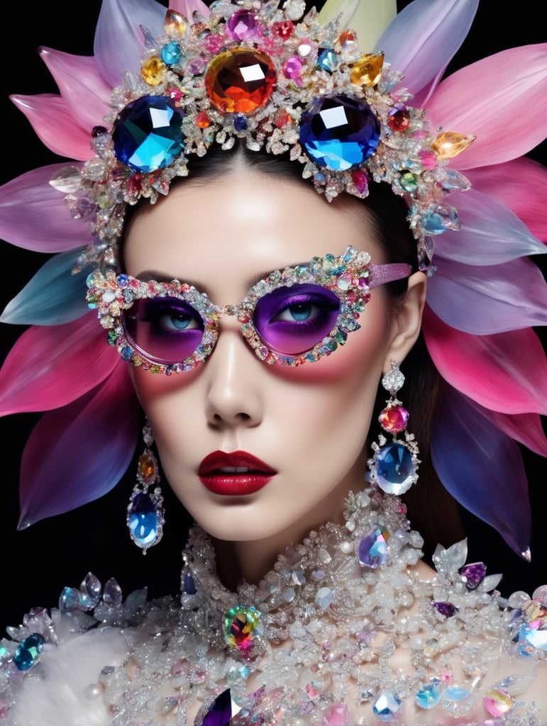 insane bizzare eyeglasses, crystals, bright, colorful rgb, dream world, Alexander McQueen Glazier demonic boy, monster face, vampire, horrific, arty pose, fashion, massive huge jewelry, precious gems, massive pearls, giant white diamonds, retrofuturistic, crystal, marble, glass, floral, massive big flowers, gem flowers, hyper neon glow, dark, moody, diaphanous layered ultra haute couture, high definition, high resolution, bold vibrant colors , volumetric lighting, 8k, 3d rende, style by dior, style by channel, by Jimmy Marble and Takashi Murakami