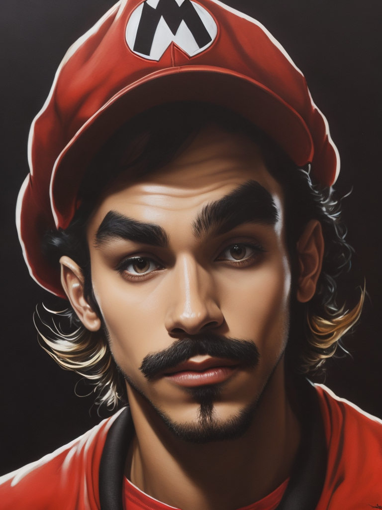 Super Mario Bros new movie close-up portraiture, in the style of swagger, hard edge painting, devilcore, dynamic portrait, expressive face, oil on panel, red and black, gold and silver, les nabis