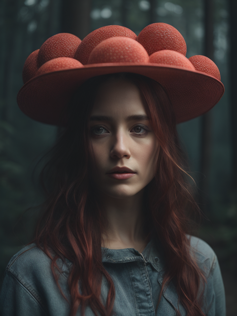 Girl amanita muscaria, psychedelic, trippy, extremely detailed vibrant, cinematic lights, hyper realistic, hyper detailed, Sony Alpha α7, photorealistic
