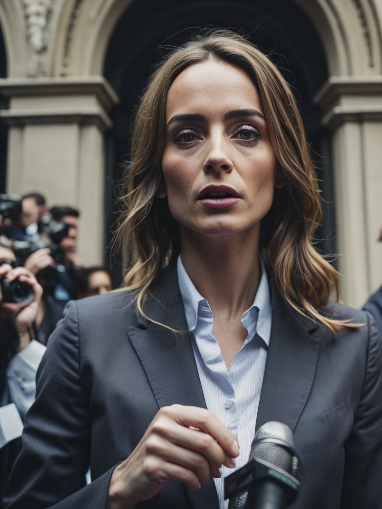 A photorealistic illustration of the Italian prime minister, Giorgia Meloni, making a speech in front of the Italian Parliament. She is speaking about the decision to leave the BRI, and the crowd is cheering in the background.