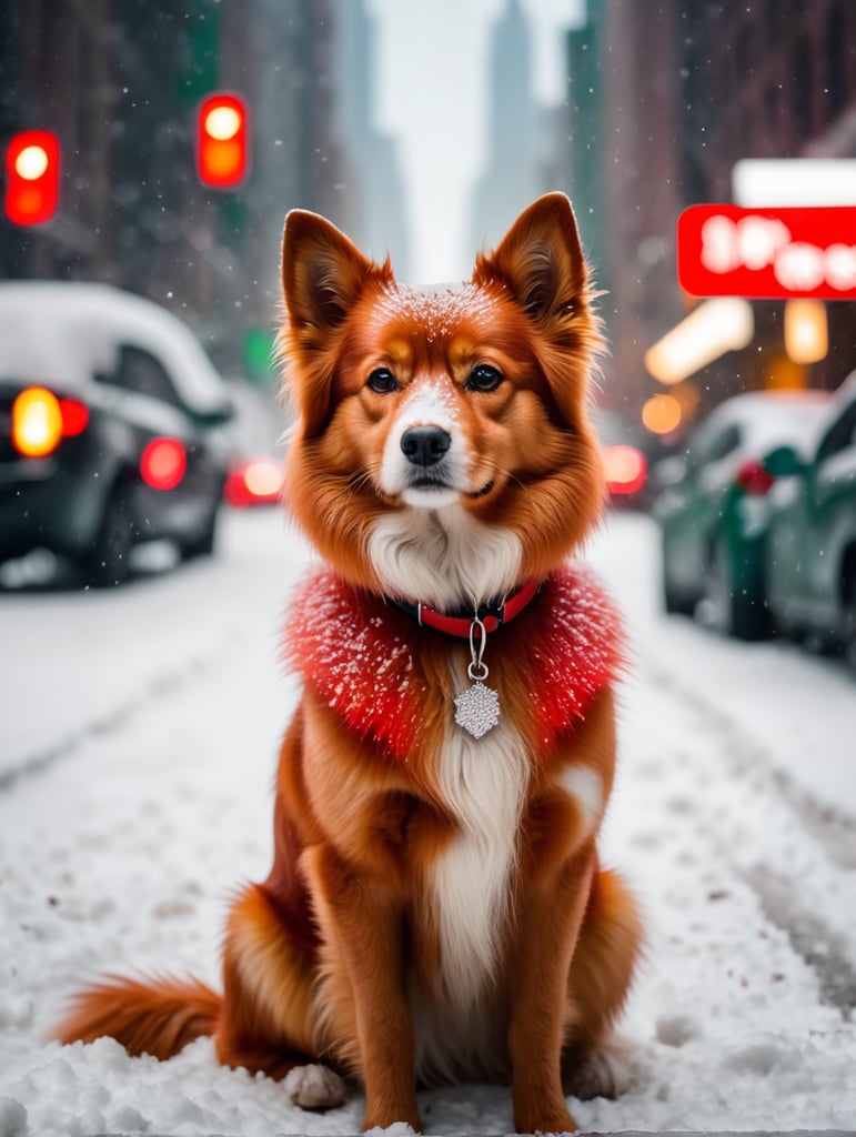 Cinematic, stunning, minimalist, thin lightweight light cute red fluffy dog in heavy snowy new york city street sitting waiting for green light . beautiful shot. 8k. wallpaper. extremely detailed