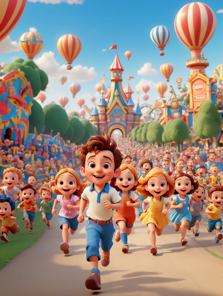 1000 kids running towards me, amusement park