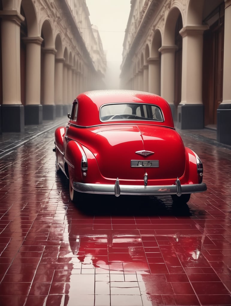 Premium Free ai Images | in the style of vintage red car wet watered ...