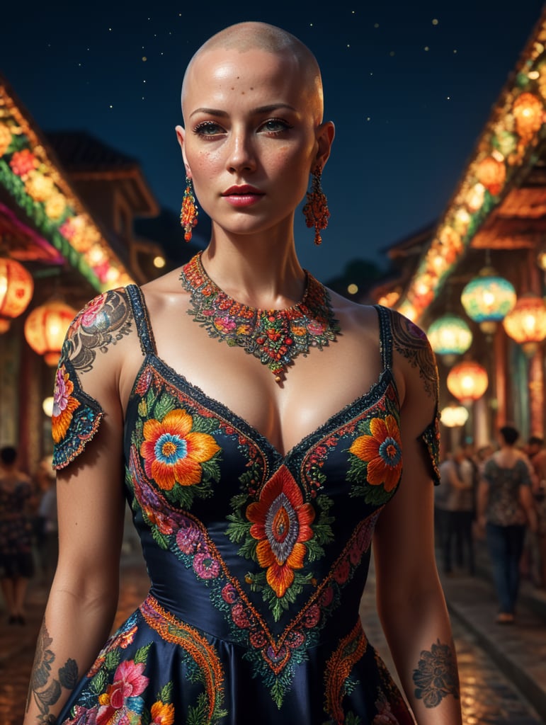 Beautiful hot bald woman with freckles, wearing a colorful, vibrant, detailed embroidered dress, medium-full shot, at night