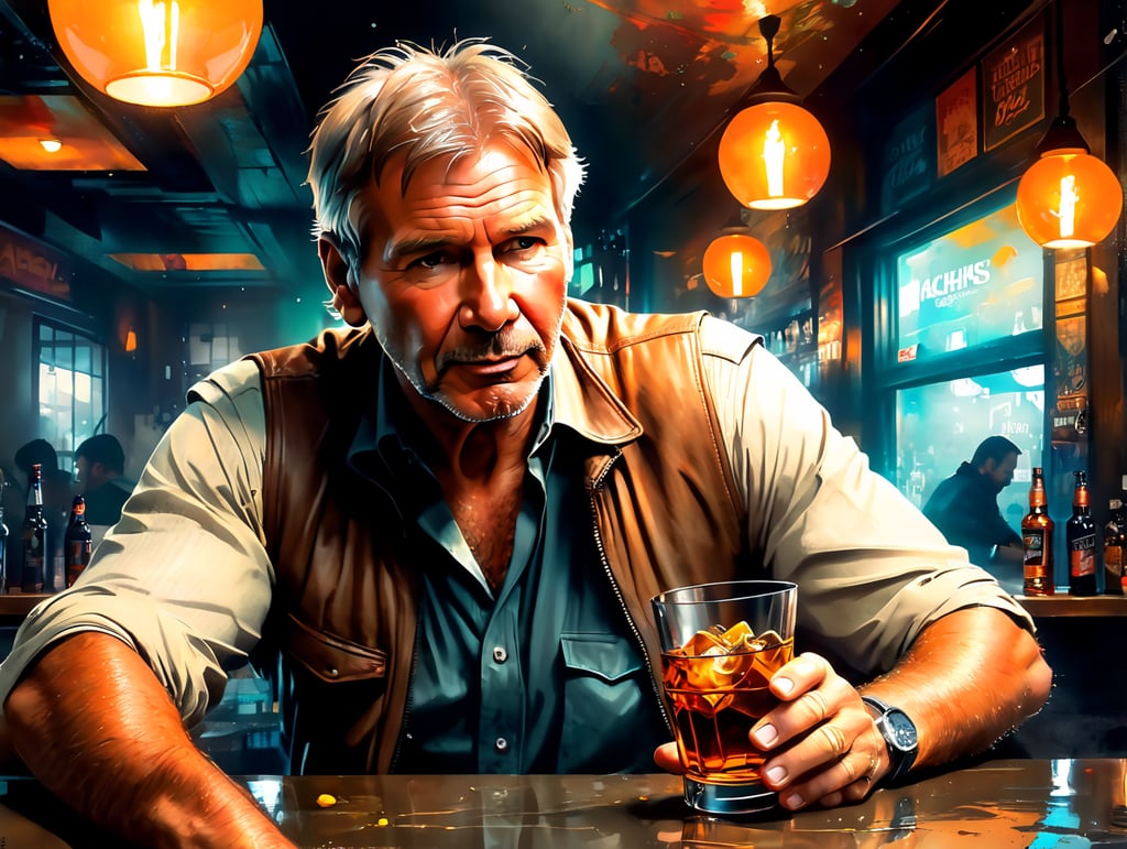 Harrison Ford down on his luck drinking scotch in a sleazy bar