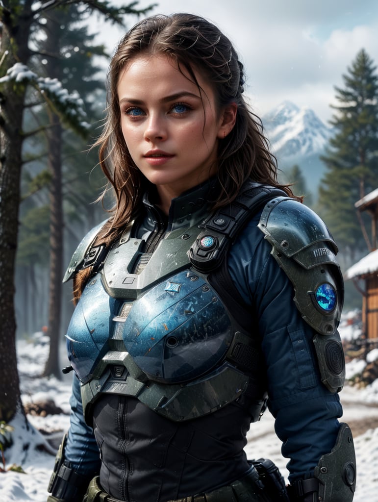 (photorealistic), beautiful lighting, best quality, realistic, full body portrait, real picture, intricate details, depth of field, 1girl, in a cold snowstorm, A very muscular solider girl with haircut, wearing winter camo military fatigues, camo plate carrier rig, combat gloves, (magazin pouches), (kneepads), highly-detailed, perfect face, blue eyes, lips, wide hips, small waist, tall, make up, tacticool, Fujifilm XT3, outdoors, bright day, Beautiful lighting, RAW photo, 8k uhd, film grain, ((bokeh))