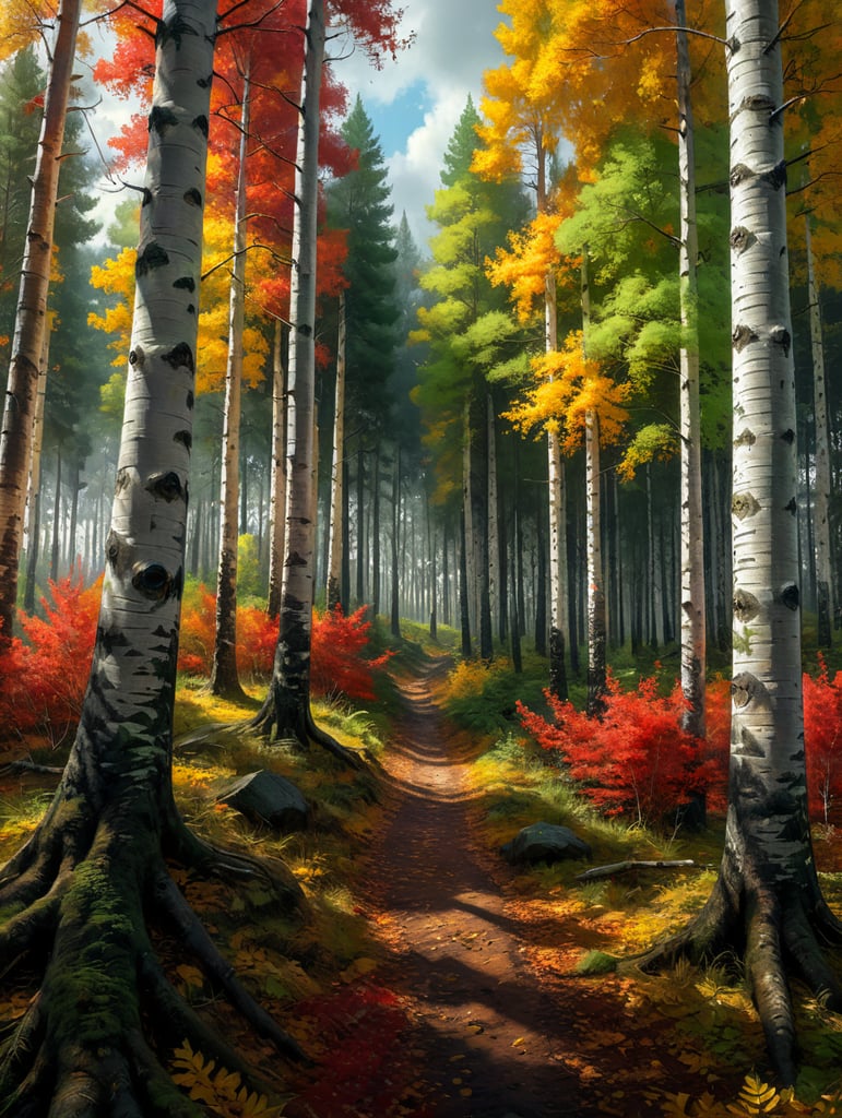 Осенний лес, жёлтые берёзы, красная рябина, зелёные сосны волк шервудский лес