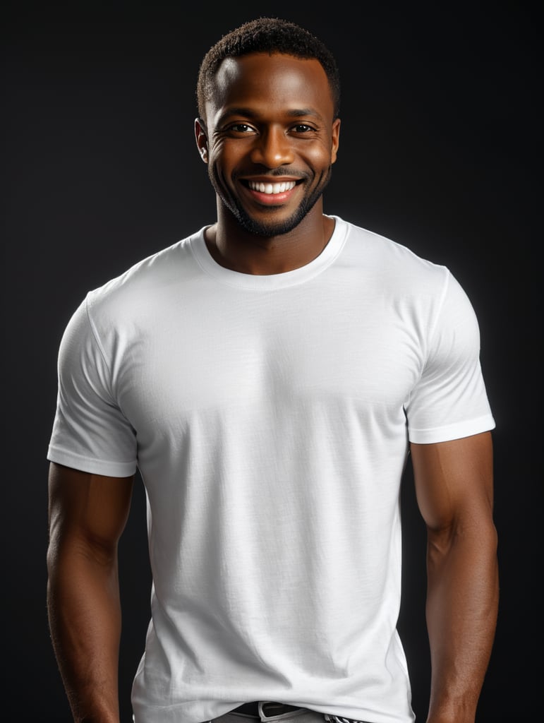 a black African man wearing white t-shirts, standing in front of black background, blank shirt no print, smiling, photo for apparel mock-up