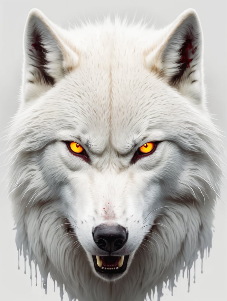 Angry white wolf with yellow eyes. His white fur is covered in blood.