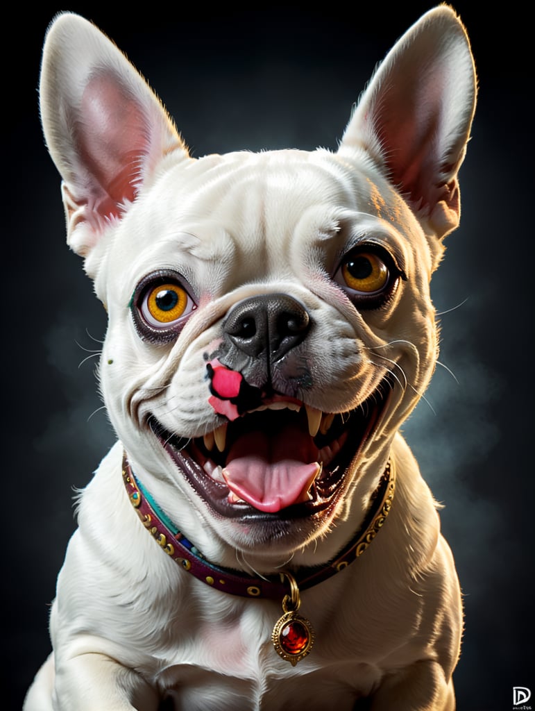 A Disney Pixar-inspired movie poster with title "Theodora". In the image a white french bulldog with a black rigth eye and nose, with black eyes and a smiling face. The scene should be in the distinct digital art style of Pixar, with a focus on character expressions, vibrant colors, and detailed textures that are characteristic of th animations, with the title "Argos"