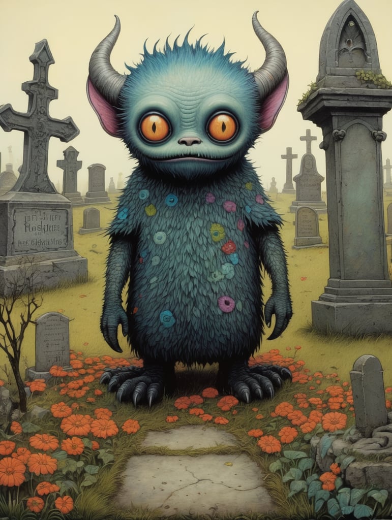 John Kenn Mortensen style ground level shot, incredibly detailed front shot painting of a cute whimsical monster in a graveyard,colorful