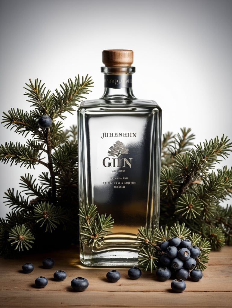 professional photography of a square gin bottle, square bottle, surrounding a juniper and juniper berries, one shot of gin in a front, no label, clear, mockup