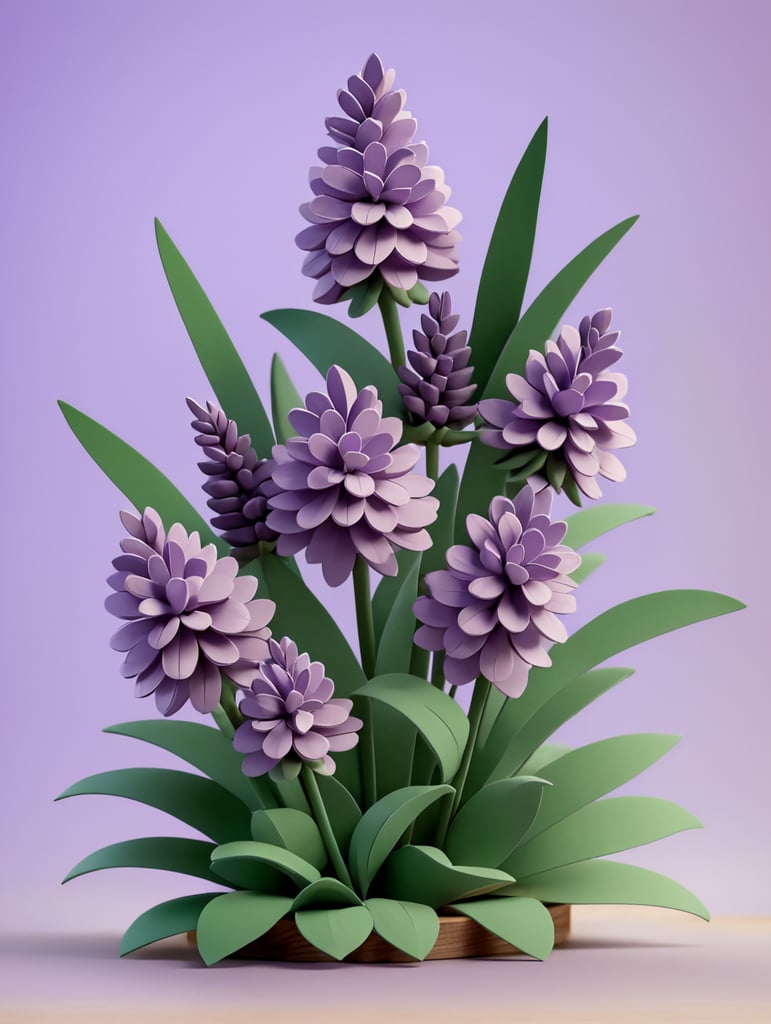 lavender flowers made of paper on a piece of wood on a lavender background