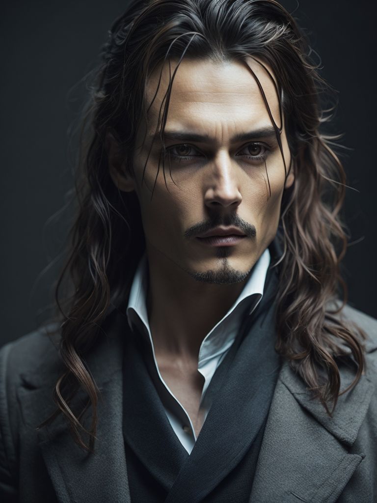 Portrait of Johnny Depp as Count Dracula, majestic look, long hair, he wears 18th-century style clothing, dark background, contrasting light, detailed face, muted tones