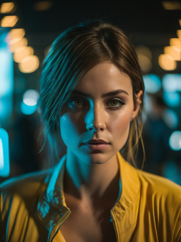 a women looks on the camera, yellow side lighting, focused gaze, canon 50 lens, focus on the face everything else is in blur, the blade runner scene.