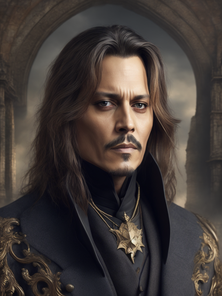 Portrait of Johnny Depp as Count Dracula, majestic look, long hair, mantle, against the backdrop of a medieval castle, detailed background, contrasting light, detailed face, muted tones