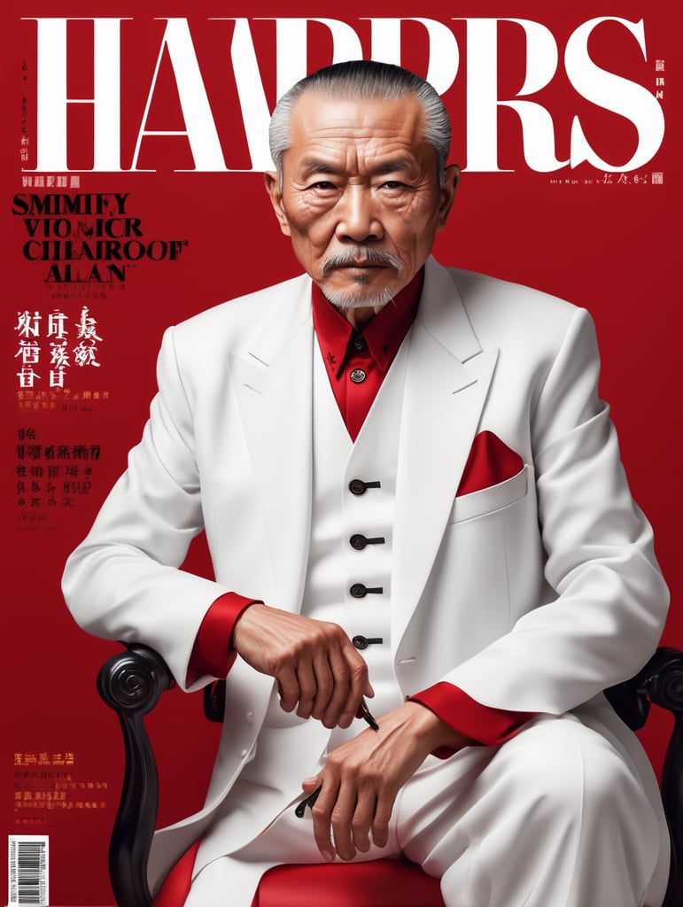 Chinese mafiosi old man, avant-garde, simplygo, photoshoot spread, dressed in all white, red background, harpers bizarre, cover, headshot, hyper realistic