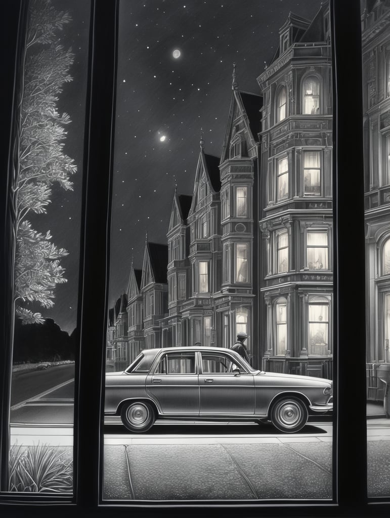 hand drawn in grey lead pencil detailed image of night refelctions on car side window of a man walking past , australian house