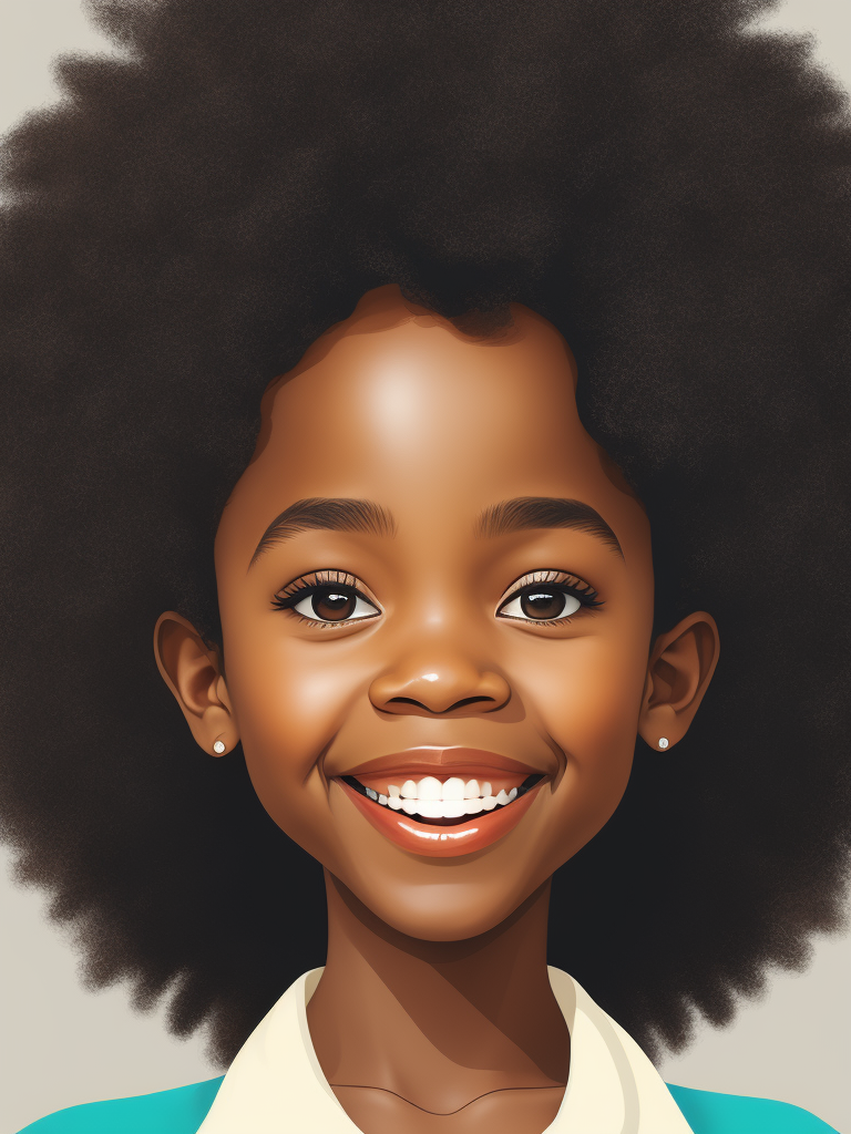 Smiling black woman, afro, award winning children's book illustration style, 2d illustration, white background, front view, vector