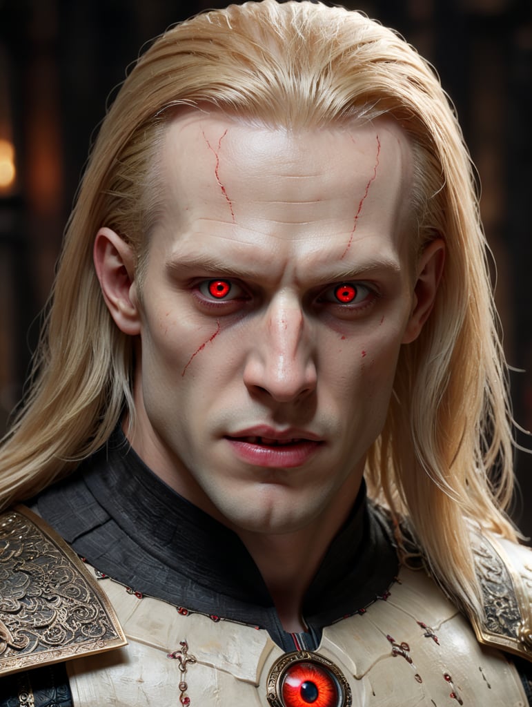 Young pale man, red eye, very long blonde straight hair