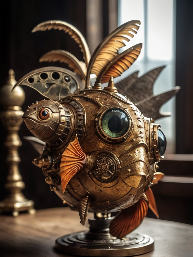 Beautiful tropical fish made by a skilled craftsman in medieval steampunk style